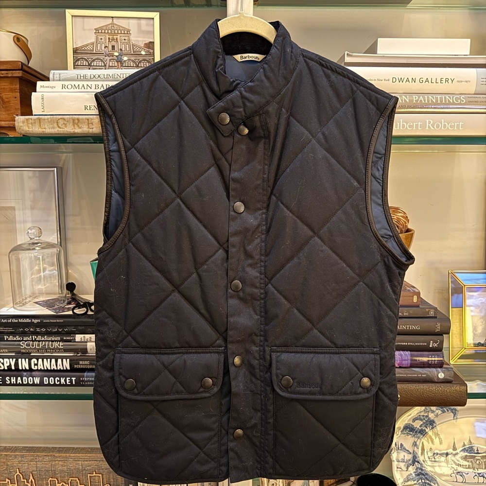 Men’s Barbour Lowerdale Gilet Quilted Vest - Navy Blue, wax cotton, size L